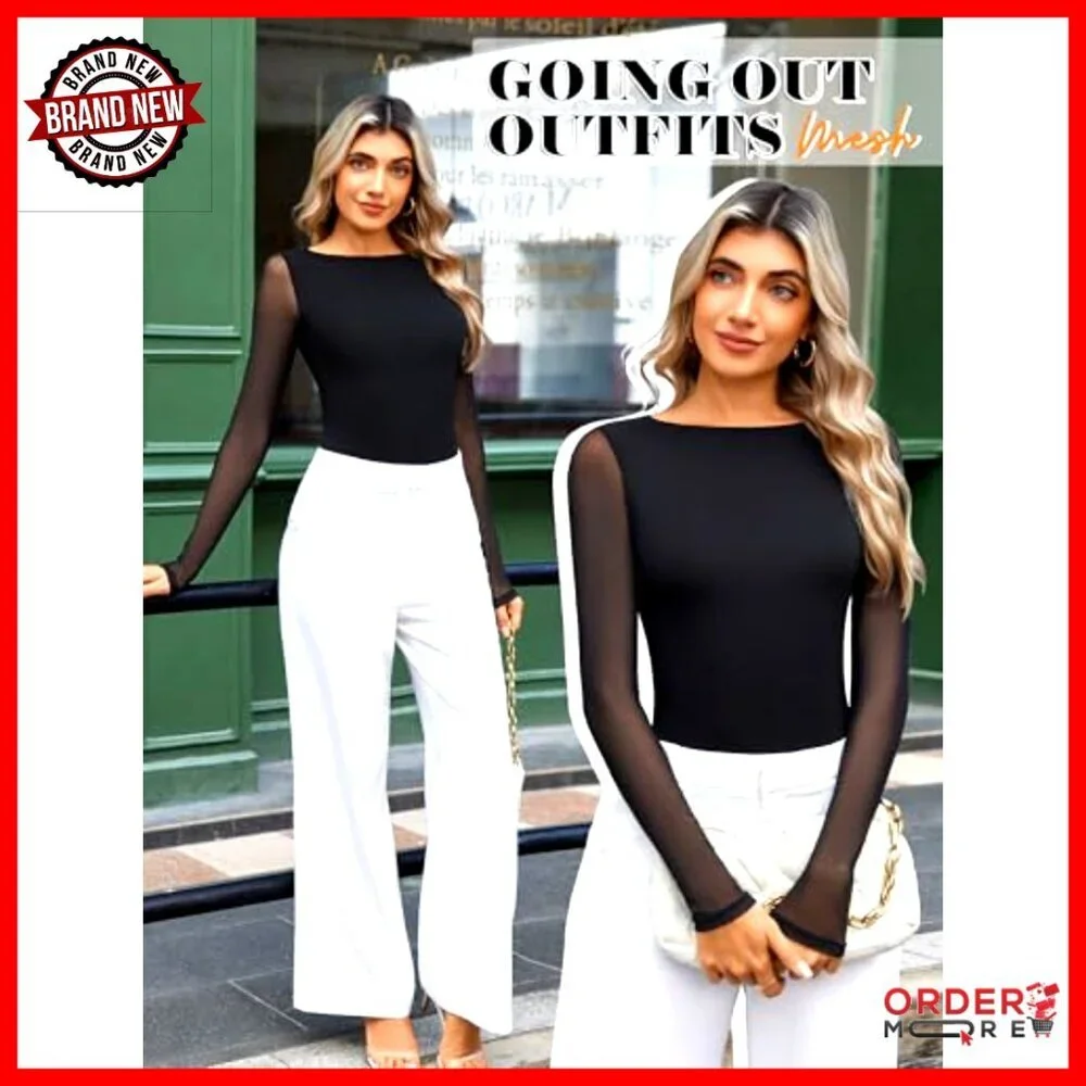 Long Sleeve Mesh Bodysuit Shapewear Boat Neck Snap Closure